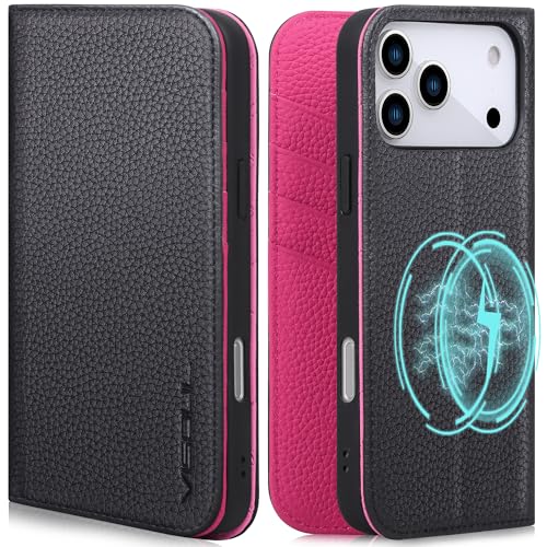 VISOUL Pebbled Leather Wallet Case for iPhone 17 Pro Max 6.9" 2025, Genuine Leather Flip Folio Cover with RFID Blocking Card Holders, Kickstand, Soft TPU Protective Flip Cover -Black+Peach Red - color: Black+Peach Red