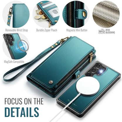 Defencase for Galaxy S23 Ultra Case Wallet Compatible with Magsafe, Green | Magnetic Detachable, RFID Bolcking Card Holder, Zipper Strap, PU Leather Drop-Proof Phone Cover for Samsung Galaxy S23 Ultra - color: (Detachable with Magsafe)-Blue Green