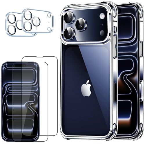 5 in 1 Clear Case for iPhone 17 Pro Max 6.9-Inch, with 2 Screen Protector and 2 Camera Lens Protector, 9H Edge Protection Tempered Glass Film, Shockproof Drop Transparent Protection Cover - size: iPhone 17 Pro Max