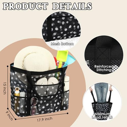 GYEUKHAM Mesh Beach Bag for Women, Sand-Resistant Pool Tote, 9 Pockets (1 Inner Zip), Foldable Family Travel Essentials - color: L-dot