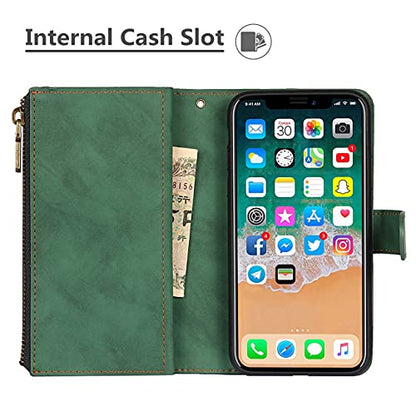 iCoverCase for iPhone X/XS Wallet Case with Card Holder and Wrist Strap, PU Leather Kickstand Card Slots Zipper Pocket Magnetic [Detachable] Flip Cover Case 5.8 Inch (Green) - color: Green