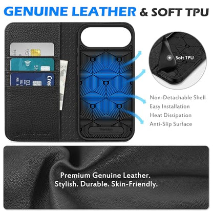 SHIELDON Genuine Leather Case Wallet for iPhone Air 6.5", Pebbled Black | Magnetic Closure, RFID Blocking, Credit Card Slot, Kickstand, Flip Book Design, Soft Shockproof Phone Cover - color: Pebbled Black