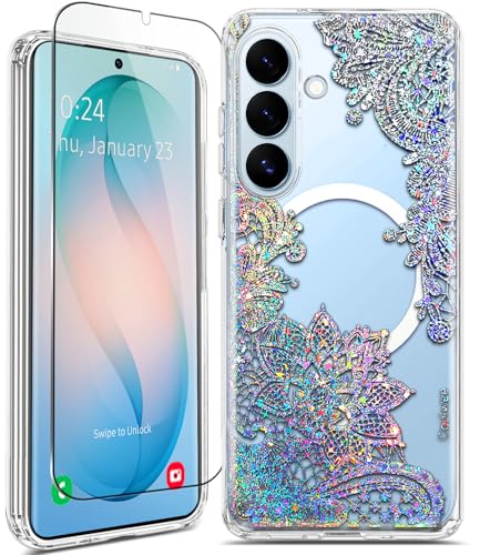 Magnetic for Samsung Galaxy S26 Case, Compatible with MagSafe, Cute for Women Girls, 10FT Military Grade Protective Cover for Samsung Galaxy S26 Case Glitter, Clear Bling Lace Mandala - size: 6.3 inch (for Galaxy S26)