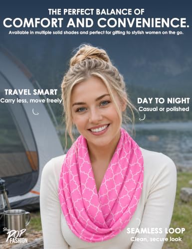 Pop Fashion Quatrefoil Pattern Infinity Scarf for Women - Travel Scarf with Hidden Pocket - All Seasons - color: Hot Pink, size: 24.5 x 9.5