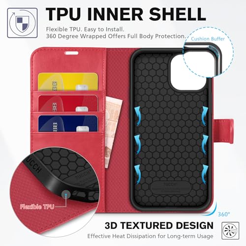 TUCCH Wallet Case for iPhone 13 (6.1") 2021, 3 Card Slots, Red | RFID Blocking, Viewing Stand, Shockproof TPU Shell, PU Leather, Magnetic Closure, Protective Folio Flip Cover - color: Red