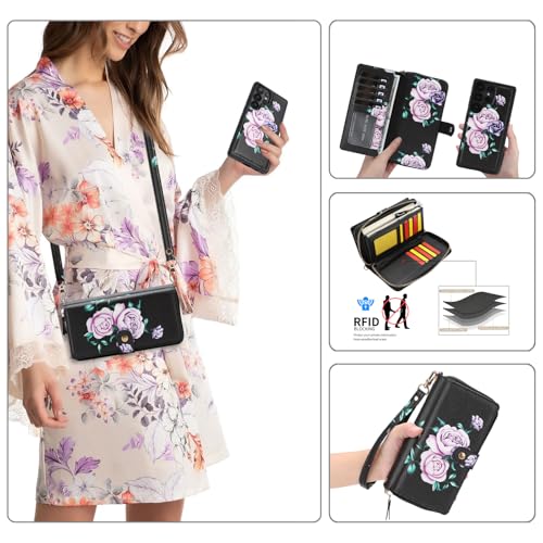 LITOU Compatible for Samsung Galaxy S26 Plus Crossbody Wallet Phone Case - color: BlackFlower, size: S26 Plus