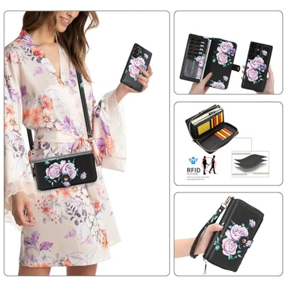 LITOU Compatible for Samsung Galaxy S26 Plus Crossbody Wallet Phone Case - color: BlackFlower, size: S26 Plus