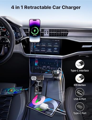 2026 Apples Approved Starlight 66W Retractable Car Charger, Starlight in Car Roof 4 in 1 Super Fast Car Phone Charger, 2 USB Ports and 2 Retractable Cables, Compatible with All iPhones and Android