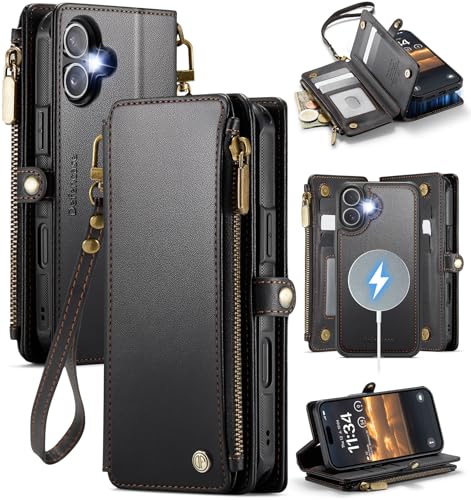 Defencase for iPhone 17 Phone Case Wallet Compatible with Magsafe, Black | Magnetic Detachable, Drop-Proof Protective Wallet Cases Cover, with RFID Bolcking Card Holder, Zipper Strap, Soft PU Leather - color: (Detachable with Magsafe)-Black