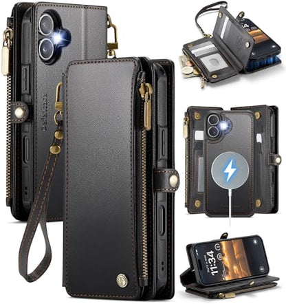 Defencase for iPhone 17 Phone Case Wallet Compatible with Magsafe, Black | Magnetic Detachable, Drop-Proof Protective Wallet Cases Cover, with RFID Bolcking Card Holder, Zipper Strap, Soft PU Leather - color: (Detachable with Magsafe)-Black