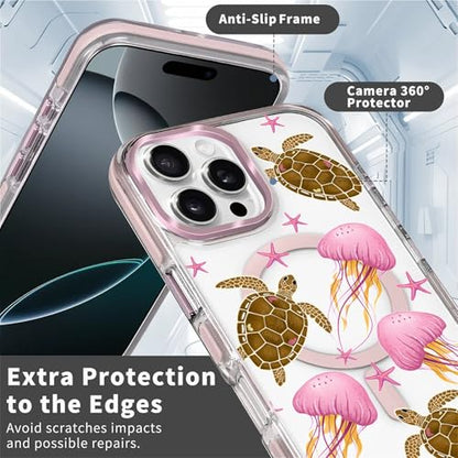 VisEnt Clear Case for iPhone 16 ProMax, Magnetic Phone Case, Transparent Slim Cover, Military Grade Protection, Shockproof, Anti-Yellowing, Scratch Resistant, Pink Jellyfish Sea Turtle - color: Pink Jellyfish Sea Turtle, size: Iphone 16 Pro Max