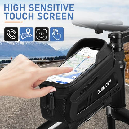 Bike Phone Front Frame Bag, Waterproof Bike Phone Holder Bag with TPU Touch-Screen & Sun-Visor, Bike Bag Accessories Compatible Phone Under 7”