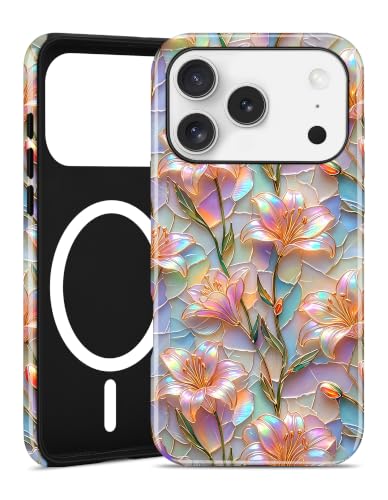 Jusy Magnetic Stained Glass Floral Case for iPhone 16e/17e, Glaze Lily | Compatible with MagSafe, Cute Aesthetic Flower Design, TPU and PC Protective Shockproof Cover - color: Glaze Lily