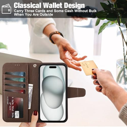 Arae Compatible with iPhone 15 Plus Case with Card Holder and Wrist Strap Wallet Flip Cover for iPhone 15 Plus 6.7 inch Men RFID Blocking Wristlet Kickstand,Litchi Brown - color: Litchi Brown, size: iPhone 15 Plus 6.7 inch