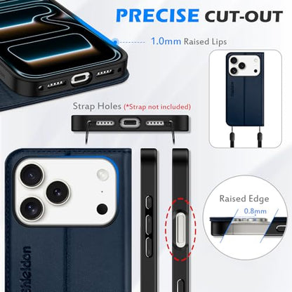 SHIELDON Genuine Leather Flip Wallet Case for iPhone 17 Pro 6.3", Navy Blue | Magnetic Closure, RFID Blocking, Credit Card Holder, Viewing Stand, Foldable Design, Shockproof Protective Cover - color: Navy Blue
