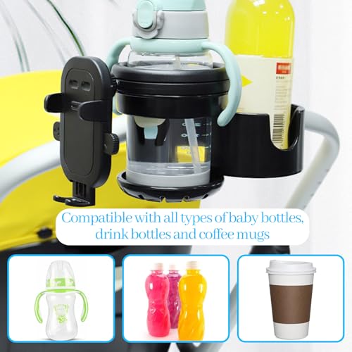 4-in-1 Universal Stroller Cup Holder with 360° Phone Mount - Adjustable Drink & Phone Holder for Strollers, Wheelchairs, Bikes, and Scooters 【Black】