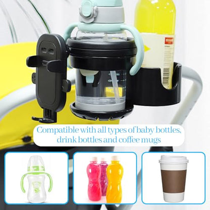 4-in-1 Universal Stroller Cup Holder with 360° Phone Mount - Adjustable Drink & Phone Holder for Strollers, Wheelchairs, Bikes, and Scooters 【Black】