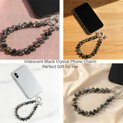 richginker Crystal Beaded Phone Wrist Strap with Tether Tab, Black - color: Black