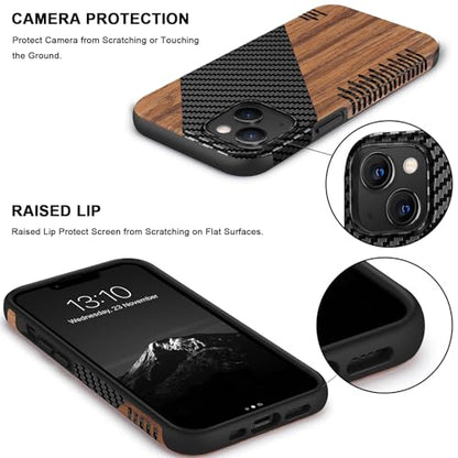 TENDLIN Compatible with iPhone 13 Case Wood Grain with Carbon Fiber Texture Design Leather Hybrid Slim Case (Twill) - color: Twill