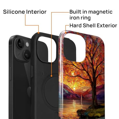 Magnetic Phone Case for iPhone 13/14,Compatible with MagSafe,Durable 2 Layers Full Covered Shockproof Protective Cover-Stained Glass Sunrise Fall Leaves - color: Stained Glass Sunrise Fall Leaves, size: iPhone 13/14