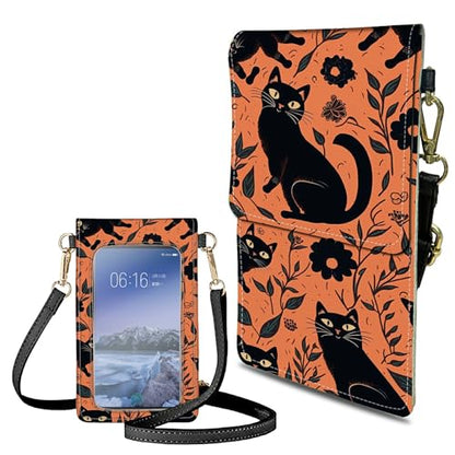 Small Crossbody Bags with Adjustable Shoulder Strap - color: Black Cat and Flowers