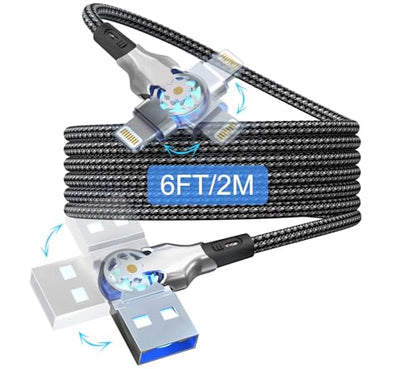 90 Degree Lightning Cable with 180°Rotating Head, 6Ft Fast Charge Right Angle Lightning Cable Compatible with iPhone14/13/12/11/X/8/7/6/5/SE/Pod/Pad Mfi Certified Rotating Charging Cable for iPhone