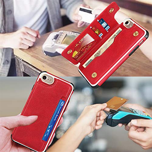 iCoverCase Compatible with iPhone SE(2022)/SE(2020)/7/8/6/6s Wallet Case with Card Slots Holder and Wrist Strap Premium PU Leather Kickstand Magnetic Clasp Shockproof Flip Cover Case (Red) - color: Red