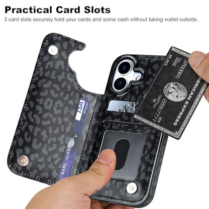 HAOPINSH Wallet Case with Card Holder for Phone 17, Black Leopard Cheetah Pattern Back Flip Folio PU Leather Kickstand Card Slots Case, Double Magnetic Clasp Shockproof 6.3" - color: Black Leopard