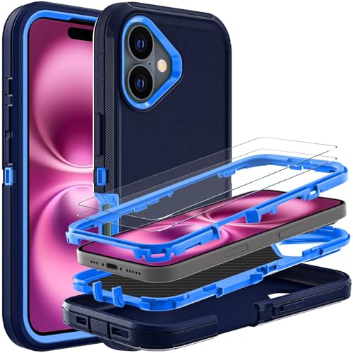 YKHJKLEC for iPhone 16 Plus Case, Military Grade 3 in 1 Heavy Duty Shockproof/Drop Proof/Dust Proof Case with 2Pcs Tempered Glass Screen Protector (Navy Blue) - color: Navy Blue