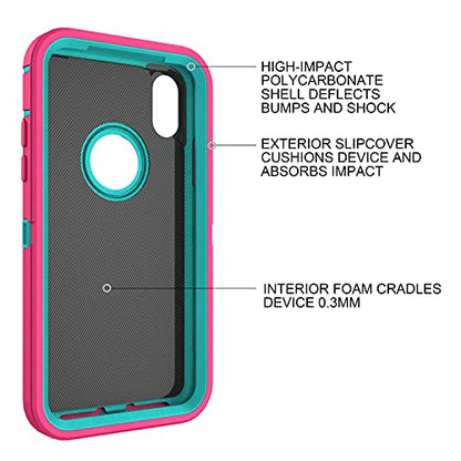 MXX Compatible with iPhone Xr Case, 3-Layer Super Protective Full Heavy Duty Body Tough Rugged Bumper Cover, Shock & Dust Proof, Designed for Apple Xr Phone Case 6.1" - color: Pink/Teal Blue