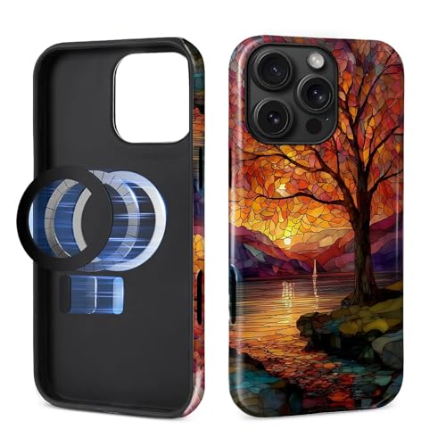 Magnetic Phone Case for iPhone 16 Pro Max,Compatible with MagSafe,Durable 2 Layers Full Covered Shockproof Protective Cover-Stained Glass Sunrise Fall Leaves - color: Stained Glass Sunrise Fall Leaves, size: iPhone 16 Pro Max