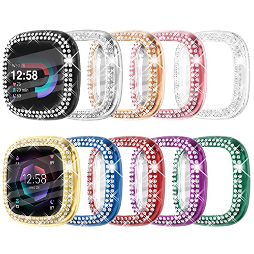 CHANCHY 4 Pack Compatible with Fitbit Versa 4 Screen Protector Case, Soft TPU Full Protective Case Cover Bumper Bling Crystal Diamond Frame for Fitbit Versa 4 Smart Watch, 10 Packs - color: Clear/Rose Gold/Pink/Silver/Black/Gold/Purple/Blue/Green/Red, siz