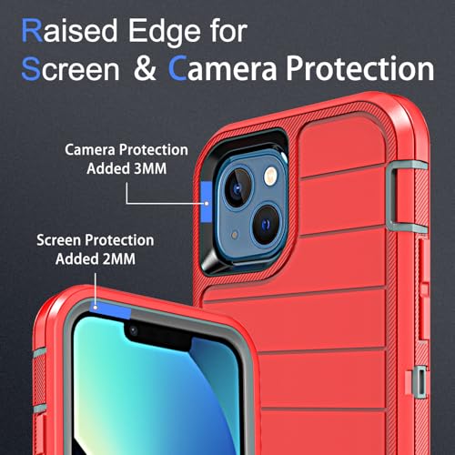 YmhxcY for iPhone 13 Case, 2X Glass Screen and Camera Protector, 3 in 1 Heavy Duty Shockproof Drop Protection Stripe Rubber Cover for 13 6.1"-Red/Gray - color: Red/Gray