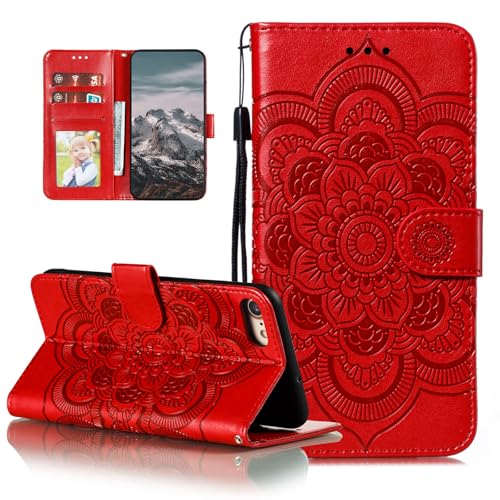 EYZUTAK Case for iPhone 17e/iPhone 16e, Premium PU Leather Magnetic Closure Flip Wallet Phone Case with Card Holder Cash Slot Stand Function Embossed Mandala Flower Shockproof Lanyard Cover - Red - color: Red, size: iPhone 17e/iPhone 16e