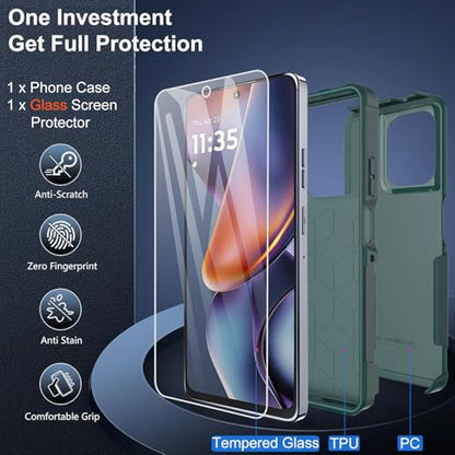for Moto G 2025 Case, Motorola Moto G 5G 2025 Case, with Glass Screen Protector, 15ft Military-Grade Drop Protection, Dual Layer Full Body Shockproof Phone Case, Green