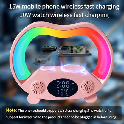 6-in-1 Wireless Charging Station with Bluetooth Speaker, RGB Ambient Light, Smart Display Clock & Thermometer, and Remote Control for Remote Operation of All Functions, ZS932 Pink. - color: Multifunctional Alarm Clock Zs932 Pink