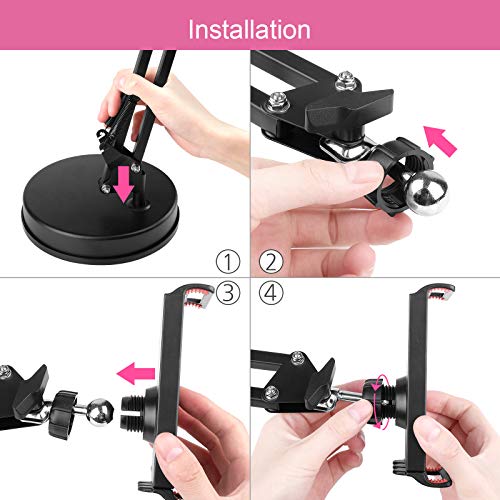 Overhead Phone Mount Stand ChromLives Phone Video Stand Articulating Arm Phone Mount Table Top with Base Adjustable 360° Cell Phone Tablet Holder Mount Desktop Compatible with Phones, Tablets, iPad - color: Black2