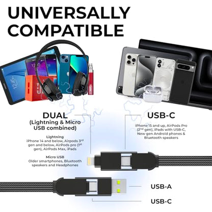 Rolling Square New inCharge XL 6-in-1, (3X Pack) Multi Charging Cable 100W Ultra-Fast Charging, Portable USB and USB-C Cable, 10Ft/3m, Black