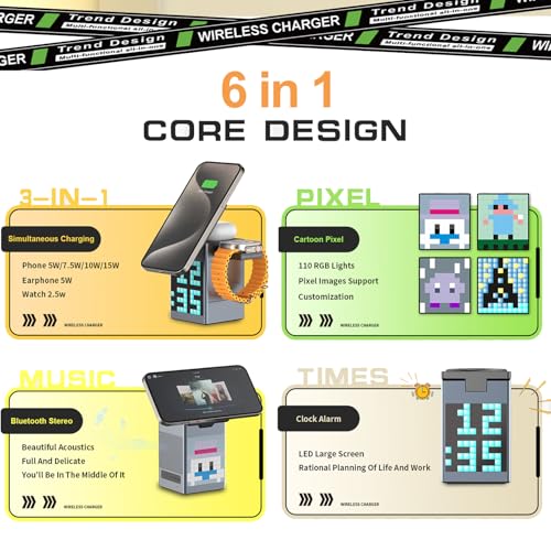 6 in 1 Foldable Magnetic Wireless Charging Station, 15W Fast Charging Dock for Phone, Earbuds, and Watch, Travel Friendly Wireless Charger Stand with LED Clock