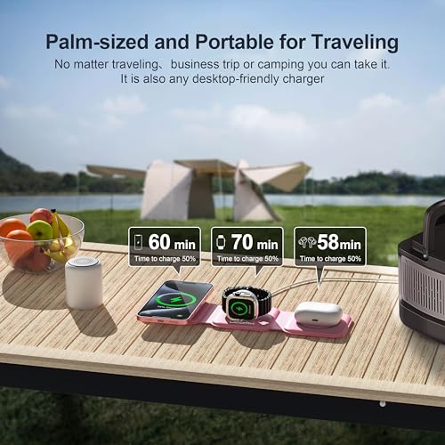 3 in 1 Charging Station for Multple Devices,Foldable 3 in 1 Wireless Charger for Travel,Nano Wireless Charging Station for iPhone16 15 14 13 12 Pro Max/Watch 10 9 8 7 6 5 4 3 Ultra/AirPod Pro - color: Pink