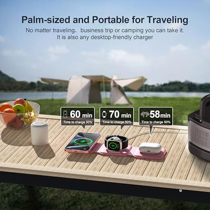 3 in 1 Charging Station for Multple Devices,Foldable 3 in 1 Wireless Charger for Travel,Nano Wireless Charging Station for iPhone16 15 14 13 12 Pro Max/Watch 10 9 8 7 6 5 4 3 Ultra/AirPod Pro - color: Pink