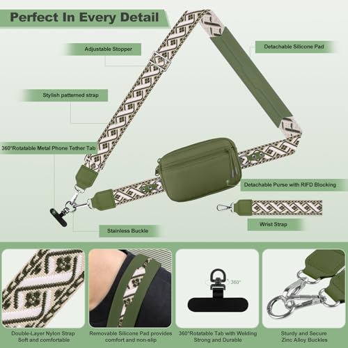 YFWE Clip and Go Strap for Phone with Wallet Crossbody, Adjustable Phone Lanyard with Detachable RFID Wristlet Wallet, Pattern Strap - Olive Green(M) - color: Olive Green, size: Medium