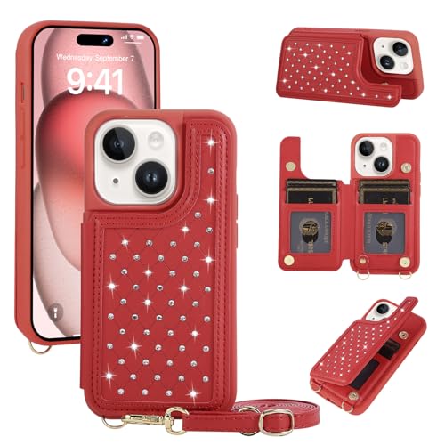 for iPhone 11 Wallet Case with Card Holder Slots and Strap, RFID Blocking Magnetic Flip Folio Cover, Crossbody Purse Protection Case with Kickstand,Red Diamond - color: Red Diamond, size: iPhone 11(6.1")