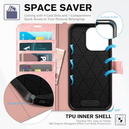 TUCCH Wallet Case with Wrist Strap for iPhone 14 Pro (6.1") 2022, Rose Gold | 4 Card Holders, RFID Blocking, Viewing Stand, Shockproof TPU Shell, PU Leather, Magnetic Closure, Folio Flip Cover - color: Strap - Rose Gold
