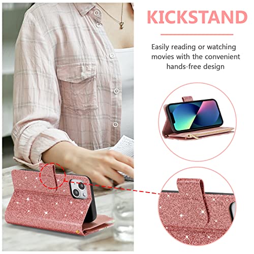 UEEBAI Wallet Case for iPhone 13 - PU Leather Magnetic Closure Handbag With Zipper Pocket, Kickstand, Card Slots and Hand Strap - Bling Rose Gold Flip for Women - color: Bling Rose Gold