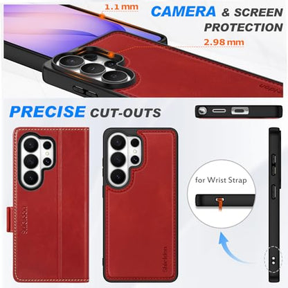 SHIELDON Removable Leather Wallet Case for Galaxy S26 Ultra 6.9", Retro Red | Genuine Leather, Detachable, RFID Blocking, Credit Card Slot, Flip Magnetic Design, Kickstand, Shock Absorbing Phone Cover - color: Retro Red