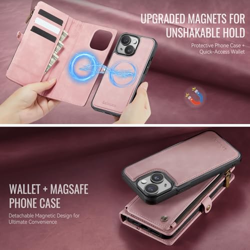 Defencase for iPhone 14 Plus Case Wallet Compatible with Magsafe, Rose Pink | Drop-Proof Magnetic Detachable Phone Cases Cover, with RFID Bolcking Card Holder, Zipper Strap, PU Leather, Removable Wallet - color: (Detachable with Magsafe)-Pink