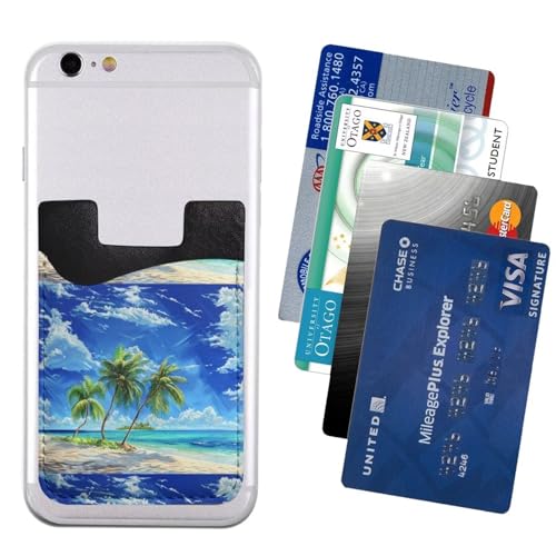 Self Adhesive Phone Case Card Holder Palm Tree On Beach Phone Pocket Sticky Phone Case Wallet Green Leaf Blue Sky Pattern Tropical Phone Wallets Botanical Ocean Coastal Card Holder Wallet - color: Palm Tree