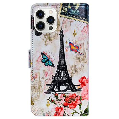 Bcov Case for iPhone 13 Pro, Paris Tower Butterfly Leather Flip Phone Case Wallet Cover with Card Slot Holder Kickstand for iPhone 13 Pro - color: Paris Tower Butterfly