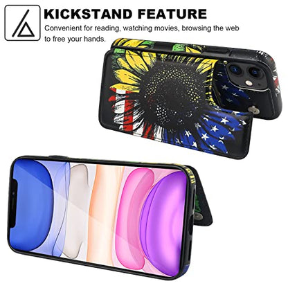 HAOPINSH for iPhone 11 Wallet Case with Card Holder, American Flag Sunflowers Pattern Back Flip PU Leather Kickstand Card Slots Case for Women Girls, Double Magnetic Clasp Shockproof Cover 6.1" - color: American Flag Sunflowers